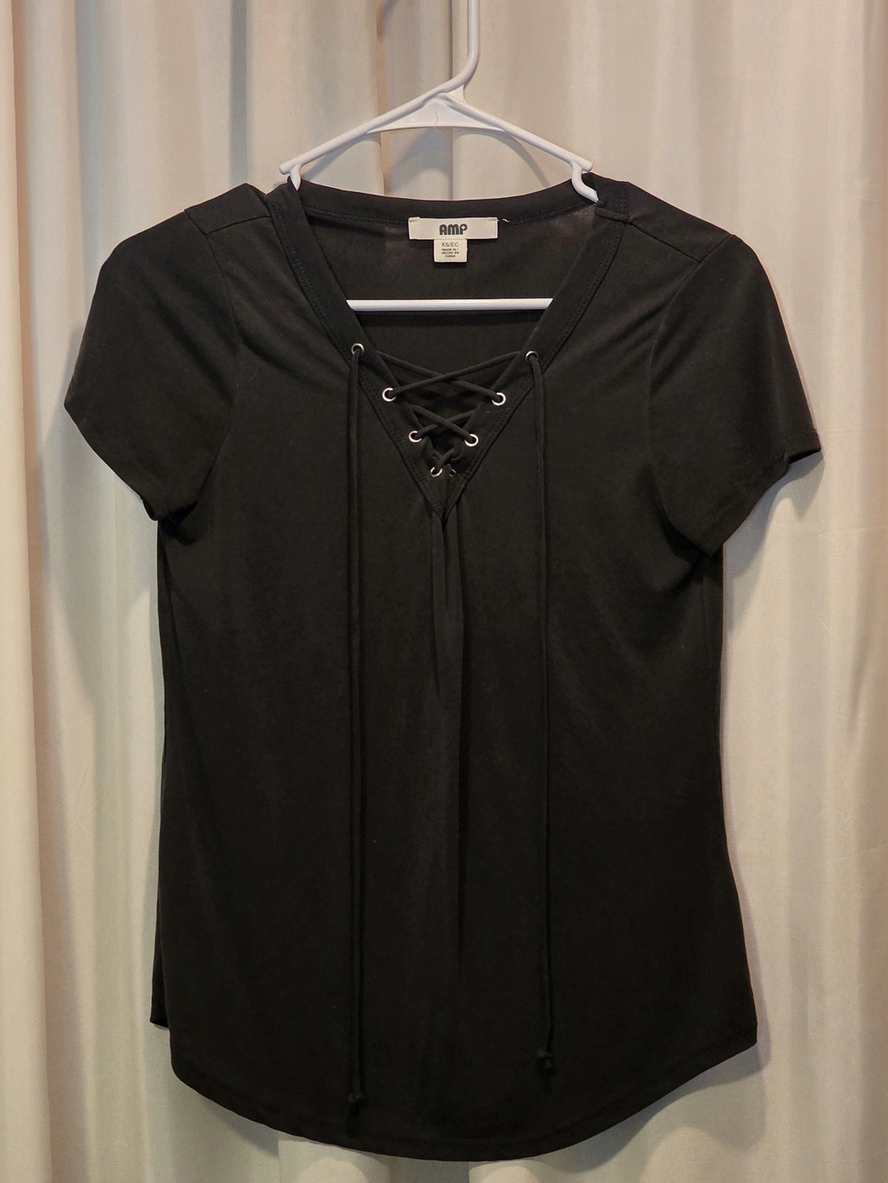 Black Lace-Up V-Neck Short Sleeve Top